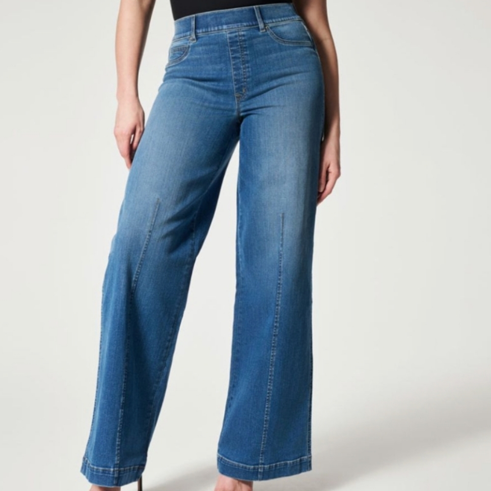 Spanx Petite Small Seamed Front Wide Leg Jeans in Vintage Indigo